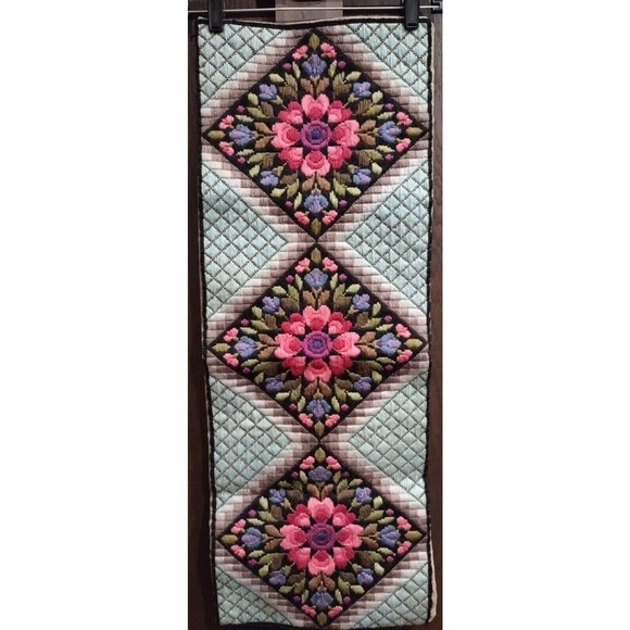 TAPESTRY Wall Hanging Bright Floral Pink BELL PULL 12 X 33 Cross Stitch No Back - Picture 1 of 12